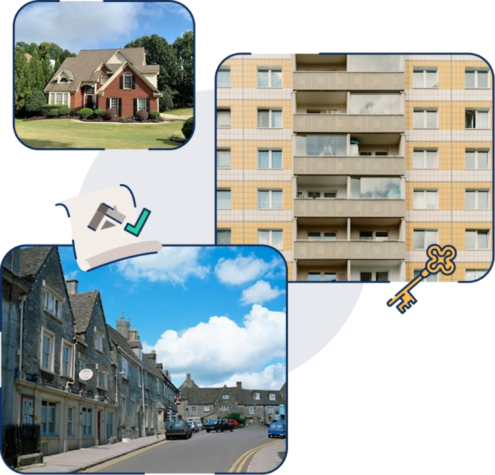 A collage of UK rental properties - a detached home, a block of flats and a terraced street